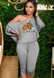 Fall Gray Halloween Pumpkin Off Shoulder Long Sleeve Top And Midi Pants Set