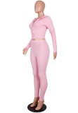 Fall Sexy Pink Long Sleeve Crop Top With Hood And Pant 2 Piece Set