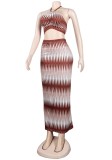 Fall Sexy Print Tube Halter Crop Top And Slim Long Skirt Set