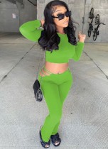Fall Trendy Green Long sleeve Crop Top and Hollow Out Pants Set