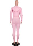 Fall Sexy Pink Long Sleeve Crop Top With Hood And Pant 2 Piece Set