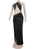 Fall Sexy Black Beaded Hollow Out Cross Halter High Split Evening Dress