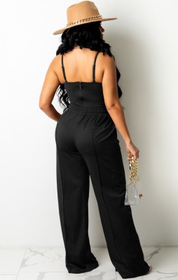 Summer Casual Black Basic Strap Vest And Sweatpants Matching Set