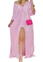 Fall Pink Stripe Print Button-Open Long Sleeve Shirt Long Dress