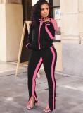 Fall Casual Black With Pink Piping Cut Out Long Sleeve Zipper Top And Pant Set