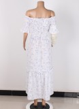 Summer White Print Flowers Off Shoulder Short Sleeve Long Dress