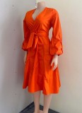 Fall Plus Size Trendy Orange V-Neck Puff Sleeve Tied Midi Dress