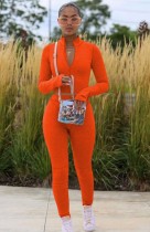 Fall Sexy Orange Sports Zip Fitted Blouse And Matching Pants Two Piece Set