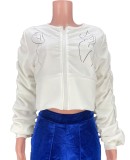 Fall Casual White Ruched Puff Sleeve Crop Jacket