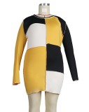 Fall Plus Size Color Block Round Neck Long Sleeve Mini Dress