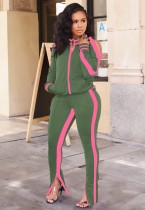 Fall Casual Green With Pink Piping Cut Out Long Sleeve Zipper Top And Pant Set