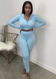 Fall Sexy Blue Long Sleeve Crop Top With Hood And Pant 2 Piece Set