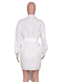 Fall Casual White Pocket With Belt Long Sleeve Shirt Dress