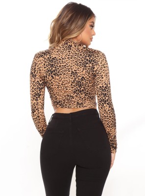 Fall Sexy Leopard Print Long Sleeve Slim Crop Top