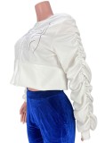 Fall Casual White Ruched Puff Sleeve Crop Jacket