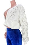 Fall Casual White Ruched Puff Sleeve Crop Jacket