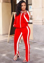 Fall Casual Red With White Piping Cut Out Long Sleeve Zipper Top And Pant Set