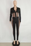 Sexy Black Mesh Patchwork Turndown Collar Long Sleeve Blouse And Matching Pant Set