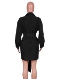 Fall Casual Black Pocket With Belt Long Sleeve Shirt Dress