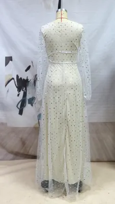 Fall Sexy White V-neck Long Sleeve Veil Evening Dress