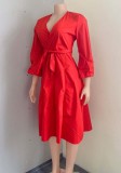 Fall Plus Size Trendy Red V-Neck Puff Sleeve Tied Midi Dress