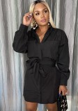 Fall Casual Black Pocket With Belt Long Sleeve Shirt Dress