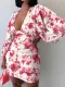 Fall Sexy Printing Deep V-Neck Puff Sleeve Mini Party Dress