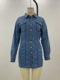 Fall Blue Pocket Line Designs Button Open Long Sleeve Jeans Dress