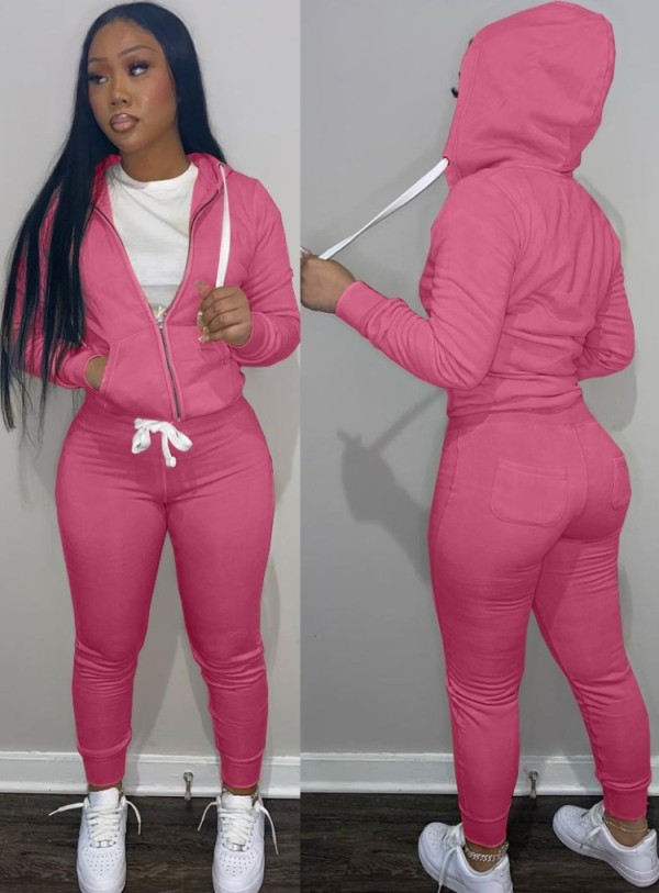Fall Casaul Pink Solid Hoodies And Pant 2 Piece Set