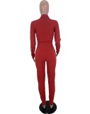 Fall Casaul Red Zipper Up Print Logo With Pocket Jumpsuit