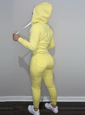 Fall Casaul Yellow Solid Hoodies And Pant 2 Piece Set