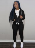 Fall Casaul Black Solid Hoodies And Pant 2 Piece Set