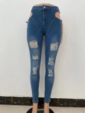 Fall Fashion Blue Hollow Out Bandage Ripped Slim Jeans