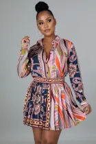 Fall Print Retro Long Sleeve Blouse And Pleated Skirt Set