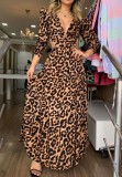 Fall Sexy Leopard V-Neck Backless Long Sleeve Maxi Dress