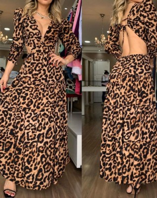 Fall Sexy Leopard V-Neck Backless Long Sleeve Maxi Dress