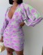 Fall Sexy Printing Deep V-Neck Puff Sleeve Mini Party Dress