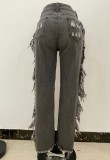 Fall Dark-Grey Ruffles Ripped Jeans