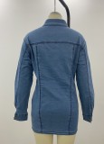 Fall Blue Pocket Line Designs Button Open Long Sleeve Jeans Dress