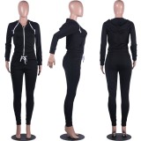 Fall Casaul Black Solid Hoodies And Pant 2 Piece Set