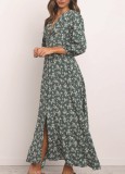Fall Elegant Retro Green Floral Puff Sleeve Long Dress