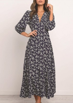 Fall Elegant Retro Black Floral Puff Sleeve Long Dress