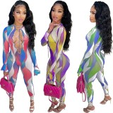Fall Sexy Print Plunge Neck Lace Up Long Sleeve Bodycon Jumpsuit