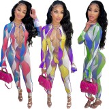 Fall Sexy Print Plunge Neck Lace Up Long Sleeve Bodycon Jumpsuit