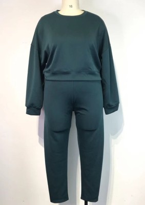 Fall Plus Size Dark Green Loose Long Sleeve Round Neck Sweatshirt And Skinny Pants Set