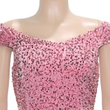 Summer Sexy Pink Print Off Shoulder Slit Midi Dress