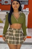 Fall Plaid Collar Green Zipper Long Sleeve Crop Top And Mini Plaid Pleat Skirt