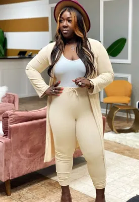 Fall Sexy Apricot Rib Long Sleeve Cardigan And Matched High Waist Skinny Pants Set