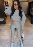 Fall Casual Grey Puff Long Sleeve With Hoody Crop Top And Line Legging Tracksuit