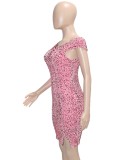 Summer Sexy Pink Print Off Shoulder Slit Midi Dress